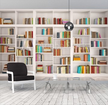 Picture of 3d illustration of White bookshelves with various colorful books